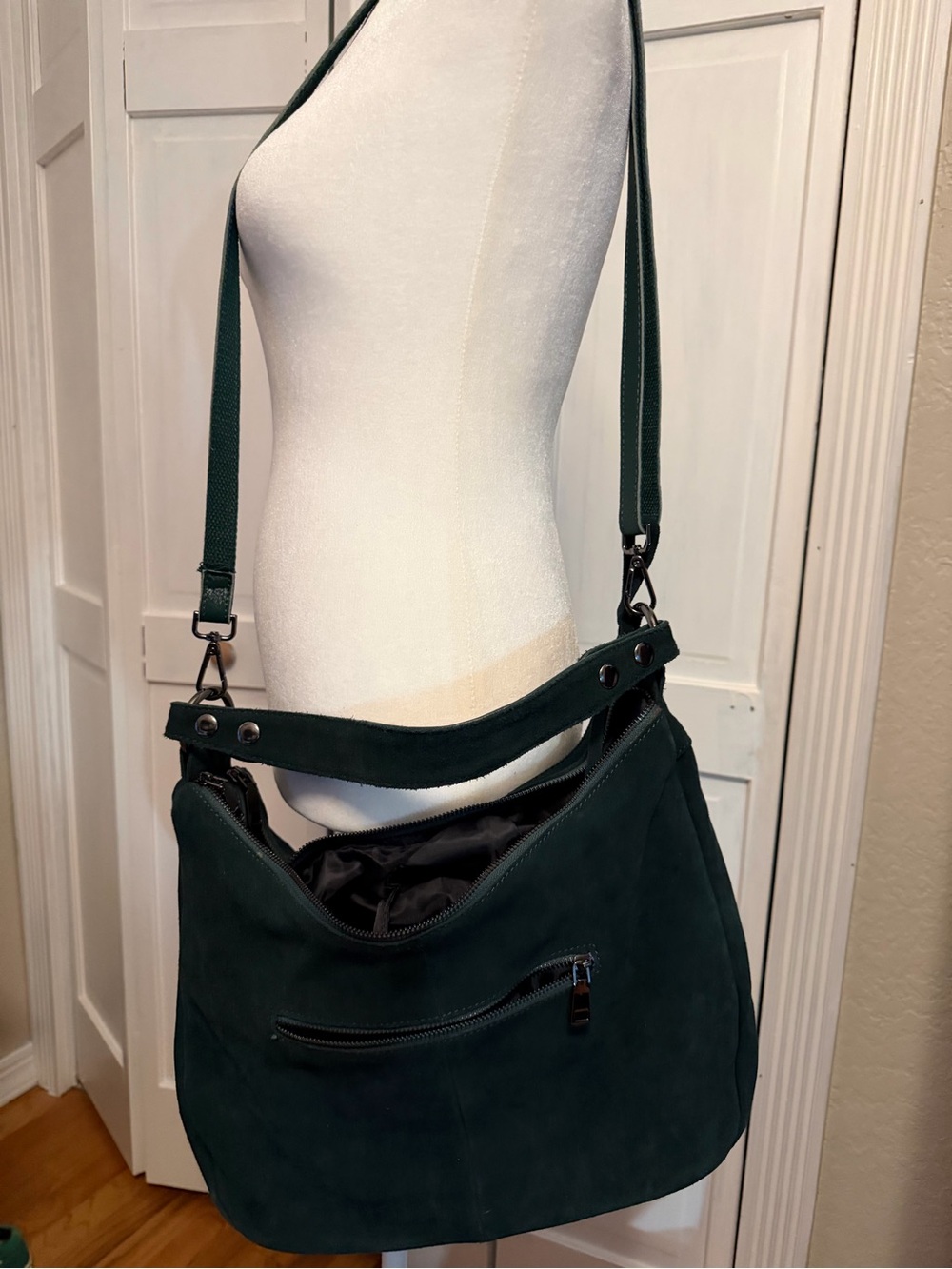 Dark Green Suede Shoulder Bag with Adjustable Strap